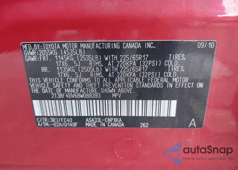 2011 Toyota Rav4 from USA, damaged, VIN 2T3BF4DV6BW088393